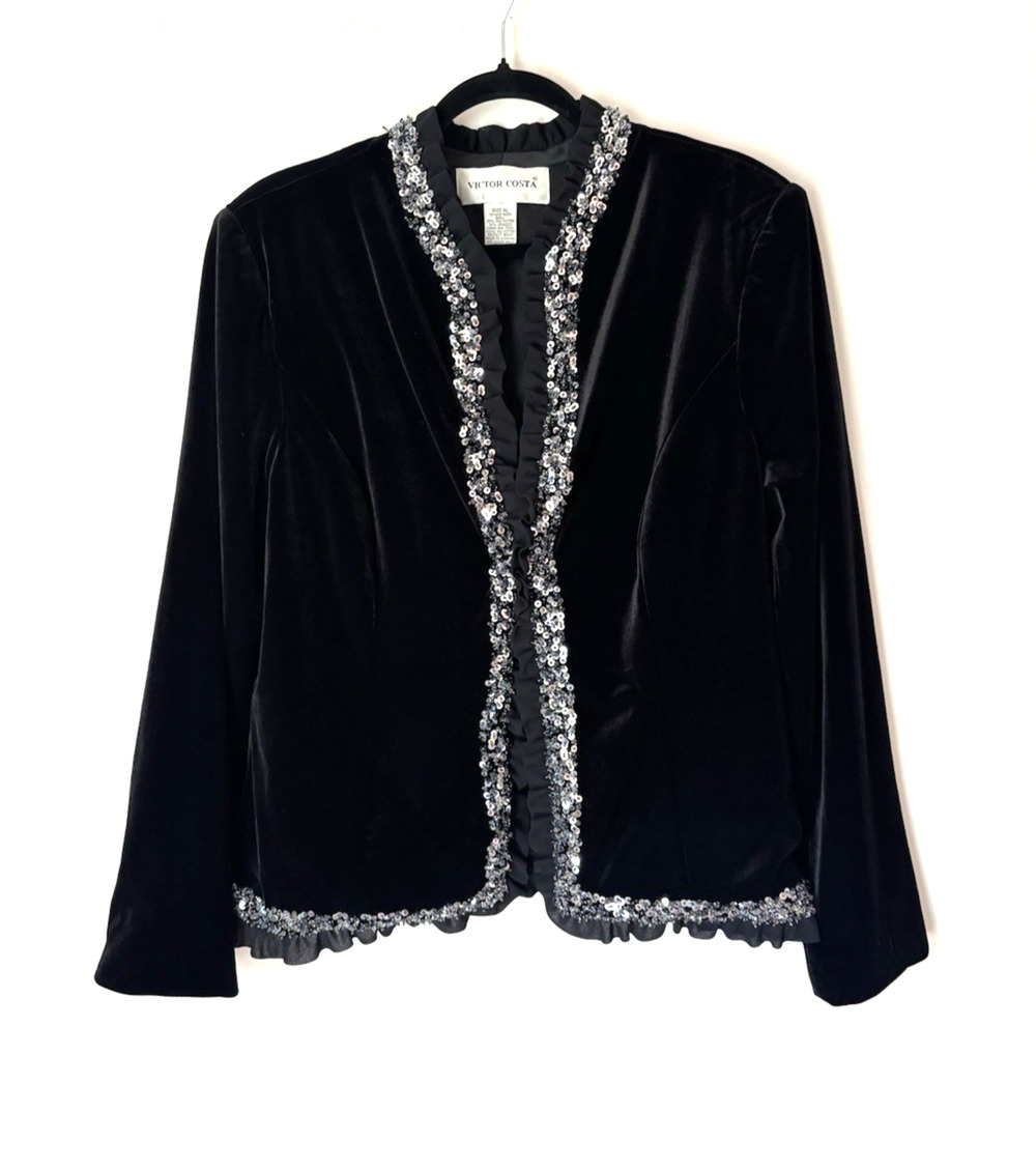 Victor Costa Velvet Blazer Jacket XL Black Silver Sequin Open Front